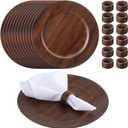12 Set 13" Brown Round Chargers for Dinner Plates with 12 Pcs Handmade Acacia Wood Napkin Ring, Farmhouse Faux Wood Rustic Chargers Weddings, Party, Dining, Anniversary, Birthday