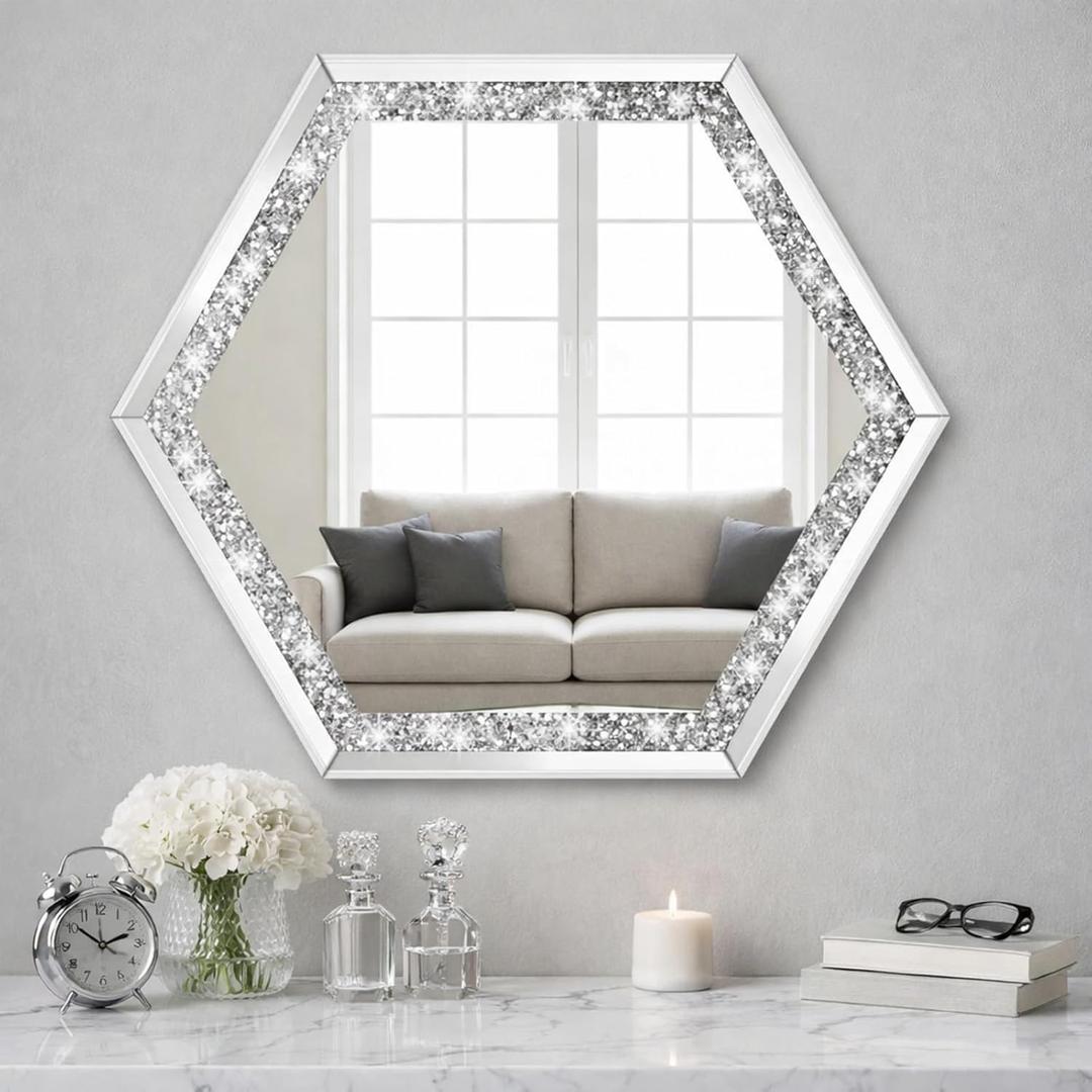 Vercraft 24 Inch Crystal Crush Diamond Sparkly Hexagon Silver Mirror for Wall Decoration Wall Hang Frameless Bling Stylish Gorgeous Glam Decorative Mirror for Bathroom, Entryway, Home Decor