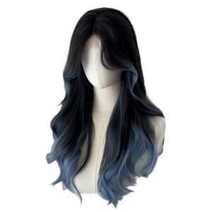 Black Blue Ombre Long Wavy Wig for Women Middle Part Synthetic Curly Hair Wig Curtain Bangs Natural Looking Heat Resistant Wigs for Daily Use