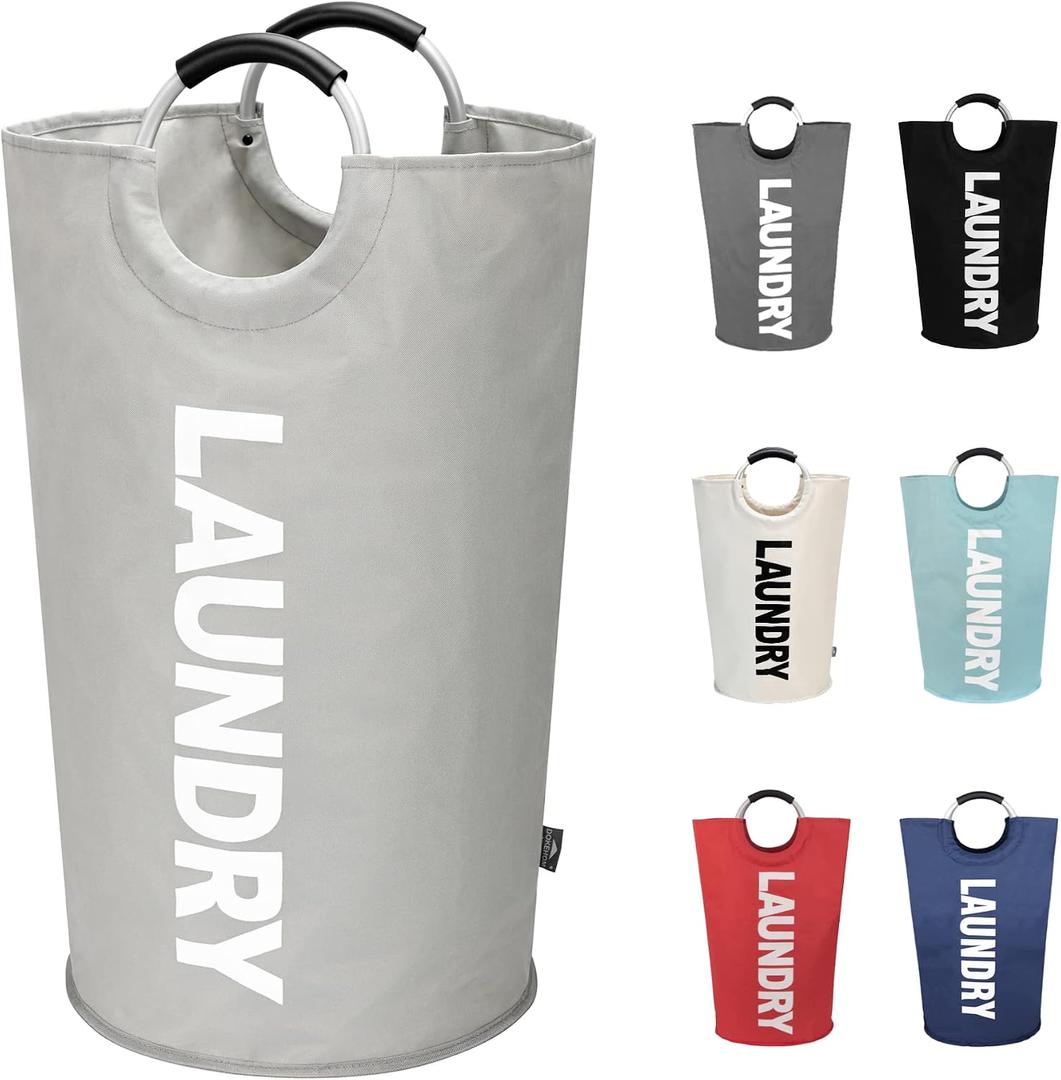 DOKEHOM 90L Large Laundry Basket, Collapsible Laundry Bag, Freestanding Tall Clothes Hamper, Foldable Washing Bin (Grey)