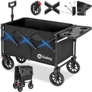Sekey Collapsible Wagon with Folding Table and Drink Holders, Foldble Beach Wagon with All-Terrain Wheels Load up to 330LBS for Shopping, Camping, Sports.Black