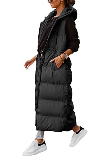 Shanfetl Women's Long Quilted Vest Hooded Maxi Length Sleeveless Puffer Vest Padded Coat Winter Outerwear XL
