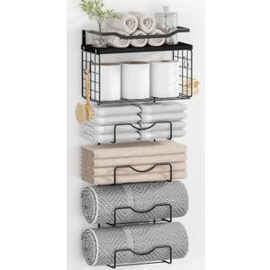 Towel Racks for Bathroom,Towel Rack Wall Mounted, 6 Tier Rolled Or Folded Towel Holder with Floating Shelves, Bathroom Towel Holder for Bath, Hand Towels,Metal and Wood,Full Black