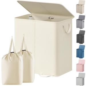 Lifewit Double Laundry Hamper with Lid and Removable Laundry Bags, Large Collapsible 2 Dividers Dirty Clothes Basket with Handles for Bedroom, Laundry Room, Closet, Bathroom, College, 136L Ivory White