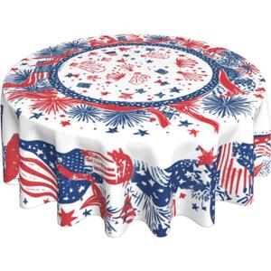 4th of July Fireworks Tablecloth Patriotic Round Table Cloth Washable Table Cover for Home Kitchen Party Picnic 60 Inch