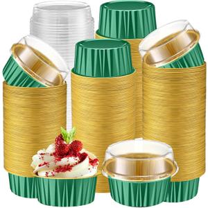Gejoy 400 Pcs Aluminum Foil Baking Cups with Lids 5 oz Disposable Ramekins Mini Cake Pans Creme Brulee Cupcake Liners Muffin Tins Flan Mold Dessert Container for Wedding (Dark Green,Gold,Classic)