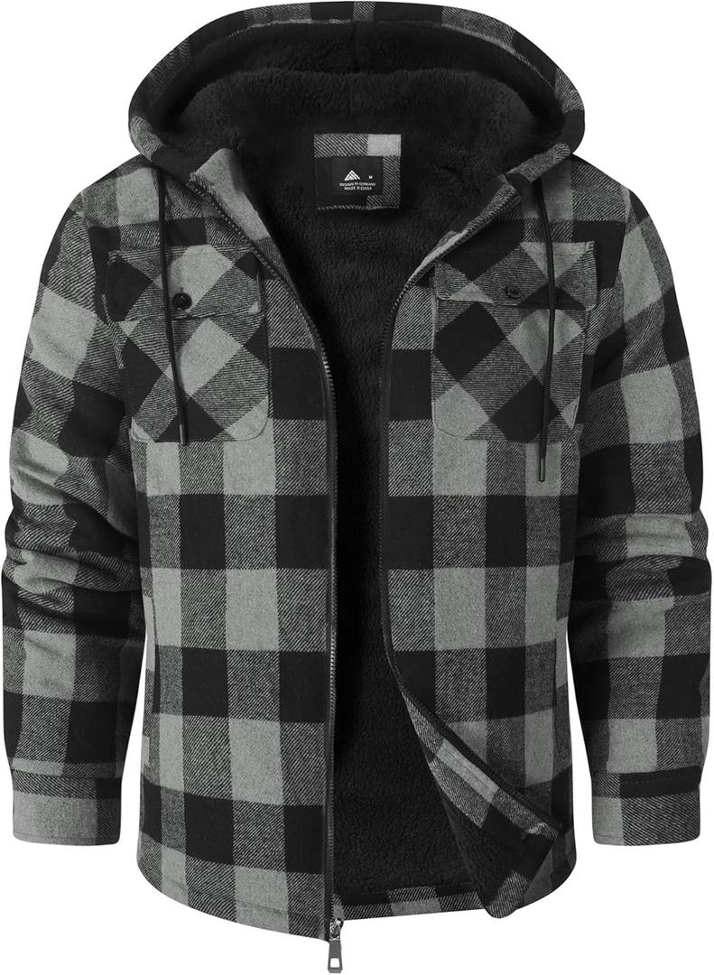 SCODI Men's Flannel Jacket Sherpa Lined Hoodies Zip Up Fleece Plaid Shirt Jackets Winter Outdoor Coat Warm Outwear (XX-Large, Grey)