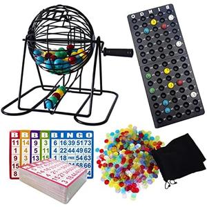 Yuanhe Deluxe Bingo Game Set - Metal Round Cage, 75 Colored Bingo Balls, 100 Bingo Cards, 500 Mixed Chips and Master Board for Large Groups, Parties