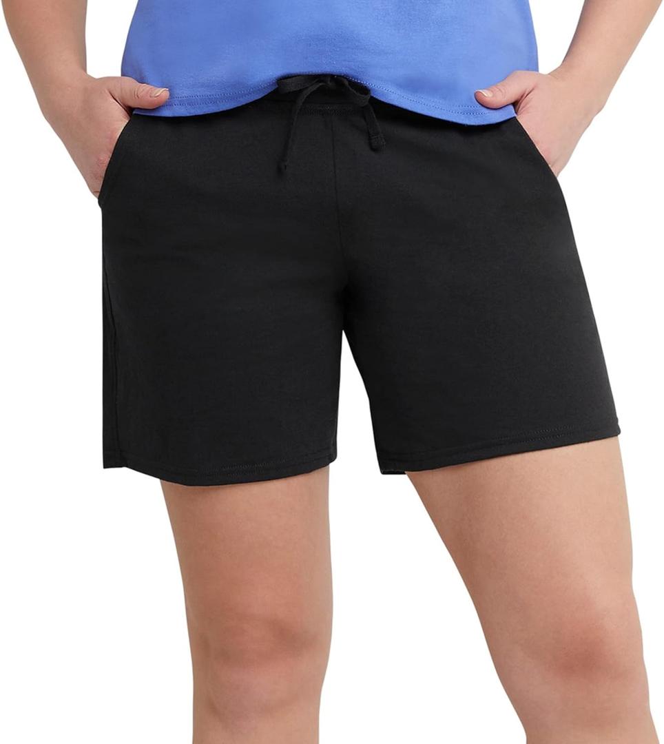 Hanes Women's Jersey Pocket Shorts, Drawstring Cotton Jersey Shorts, 7" Inseam (X-Large, Black)