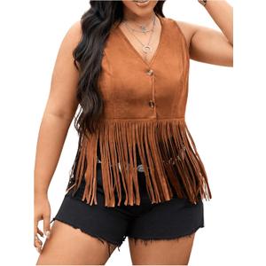 Women's Plus Size Fringe Trim Hem Jacket Sleeveless V Neck Button Front Vintage Jackets 70s Outfits (XX-Large Plus, Brown) Women's Plus Size Fringe Trim Hem Jacket Sleeveless V Neck Button Front Vintage Jackets 70s Outfits (XX-Large Plus, Brown)