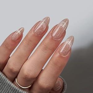 BTArtbox Almond Press On Nails Medium - Lamp-Curable Cat Eye Press On Nails with Glue for Women, Semi-Transparent Soft Gel Glue On Nails in 15 Sizes - 30 Stick On Nails Kit, Sunlit Shimmer