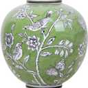 Large Ceramic Vase, 10.8 Inch Green Decorative Vases for Living Room, Hand-Painted Chinoiserie Decor Round Vase with Antique Floral-Bird Pattern, Porcelain Vase for Flowers Arrangement