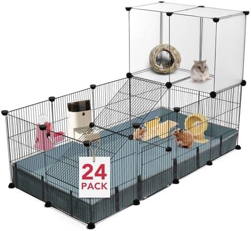 VISCOO 24 Panels Small Animal Playpen,Pet Playpen,C&C Cage for Guinea Pigs,Puppy Play Pen,Baby Chicken Cage,Indoor Outdoor Portable Metal Wire Yard Fence with Waterproof Mat