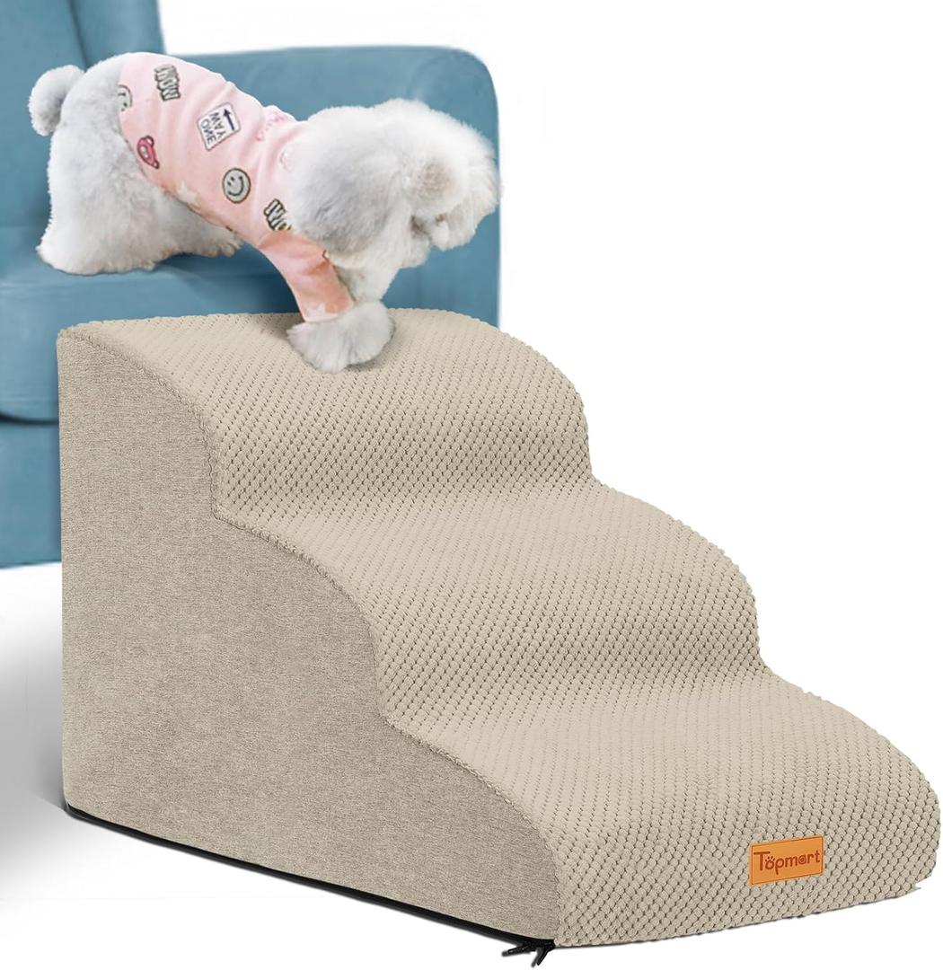Topmart 3 Tiers Foam Dog Ramps/Steps,Non-Slip Dog Steps with Waterproof Cover,Extra Wide Deep Dog Stairs,High Density Foam Pet Stairs/Ladder,Best for Older Dogs,Cats,Small Pets (Beige)