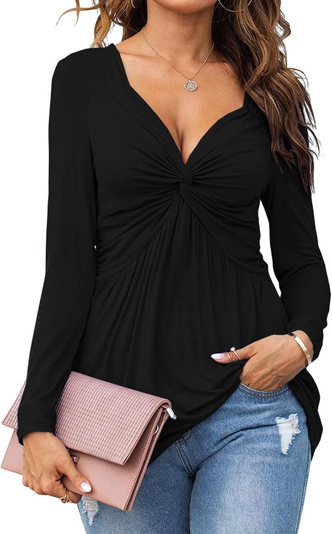 Tankaneo Women V-Neck Front Knotted Blouse Shirt Long Sleeve Elegant Casual T-Shirt Solid Color Pullover Tops (Black, XL)