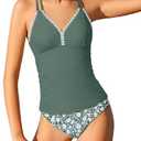 Queenstyle Girls Tankini Swimsuit V Neck Crochet Edge Bathing Suit Cross Back Straps Two Piece Swimwear for 9-16 Years