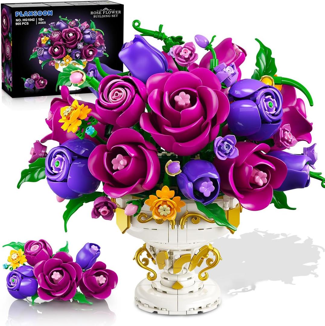 Purple Rose Flower Building Set with Vase, 969 PCS Botanicals Flowers Bouquet Building Block Kit, 18 Roses Bonsai Collection Home Decor, Valentine's Day Gift for Adults Women Boys Girls 12+