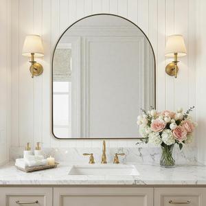 Arched Mirror, 30 x 36 Inch Gold Wall Mirror in Stainless Steel Metal Frame, Arch Top Rounded Corner 1 Inch Deep Set Design Wall Mount Hangs Vertical