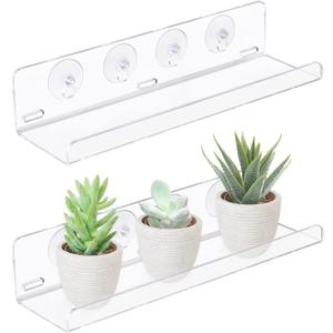 Sumerflos 2 Pack Window Shelves for Plants, Clear Acrylic Suction Cup Shelf, Window Sill Extender Floating Shelves for Indoor Plant, Flowers, Succulents, Seed Starter Pots