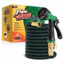Flexi Hose with 8 Function Nozzle, 100FT - Lightweight Expandable Garden Hose, No-Kink Flexibility, 3/4 Inch Solid Brass Fittings and Double Latex Core - Green