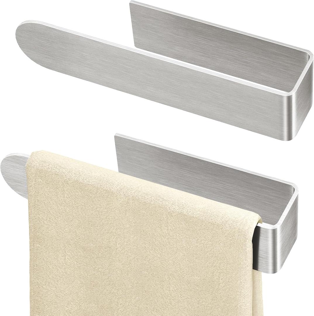Adhesive Hand Towel Holder, 8 Inch Towel Holder for Bathroom Wall Mounted, Self Adhesive Square Stick on Towel Bar Wall for Kitchen Cabinet RV, Brushed Nickel (2 Pack)