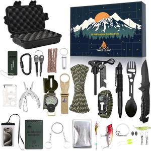 Advent Calendar 2025 Survival Kit for Men, 24 Days Christmas Countdown Calendar with Survival Gear and Camping Gear,Cool Gadgets for Outdoor Camping Fishing