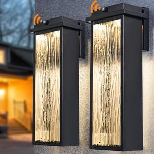 Black LED Dusk to Dawn Outdoor Lighting 2 Packs, 16" Large Outside Farmhouse Wall Lantern, Industrial Porch Wall Mount Light Fixture with Rippled Glass, Waterproof Modern Exterior Sconce Lamp, Black 
