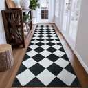 Beeiva Checkered Print Washable Rug Runners for Hallways Non Slip 2.5x10, Ultra Thin Black Kitchen Runner Stain Resistant Hallway Runner Rug 10 ft, Checkerboard Carpet for Bathroom Entryway Decor