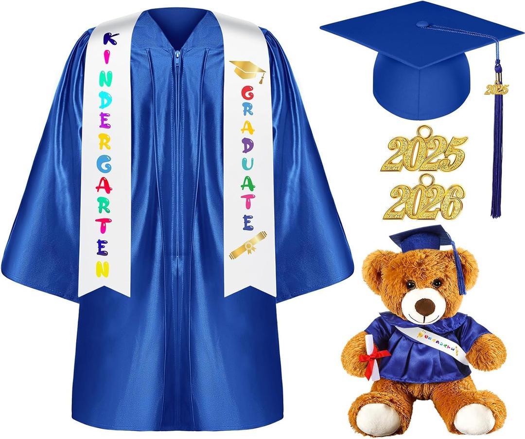 Sintuff 7 Pcs Kindergarten Graduation Gown Cap 2025 Preschool Graduation Accessories Stole Tassel Sash Charm Bear Gifts (Royal Blue)
