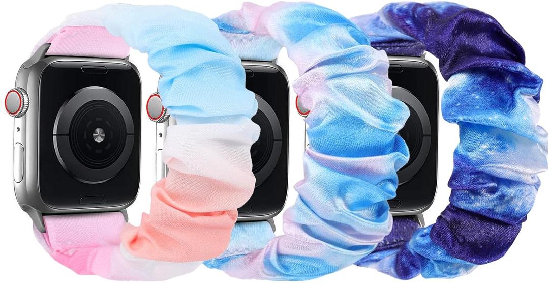 Scrunchie Bands Compatible with Kids Apple Watch Band, Cute Stretchy Breathable Strap for iWatch Series 10 9 8 7 6 5 4 3 SE SE2 SE3 Small Wrists Boys Girls (Colorful+BluePink+StarryBlue)