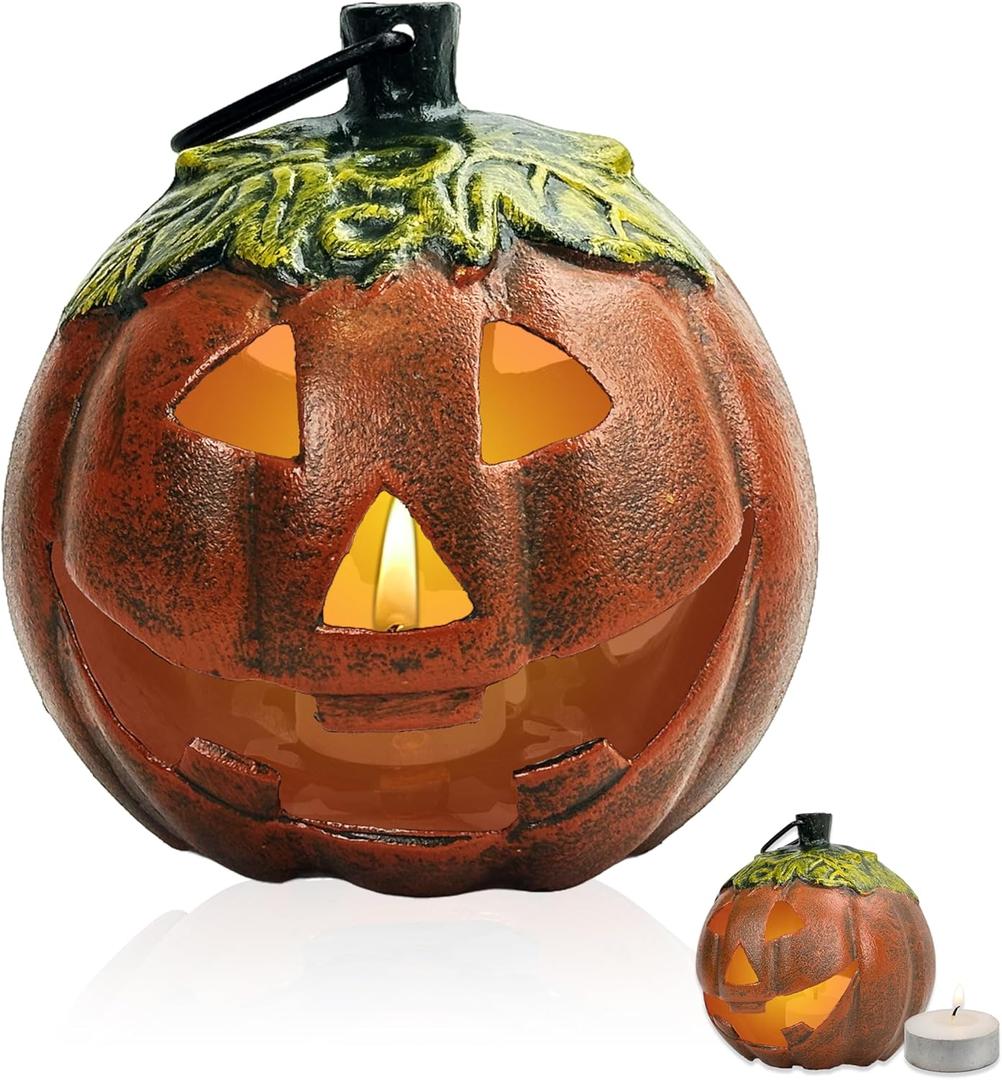 Cast Iron Jack O Lantern Candle Holder, Lighted Pumpkin Decor for Outside, Faux Pumpkin Lantern for Porch, Patio & Tabletop Halloween Decoration