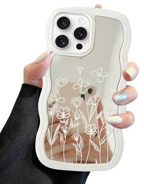 Jusy Compatible with iPhone 13 Pro Case with Wavy Edge, Cute White Branch Flower Mirror Curly Phone Cases, Shockproof Hard PC & Soft TPU Bumper Protection Cover for Women GirlsBranch Flower