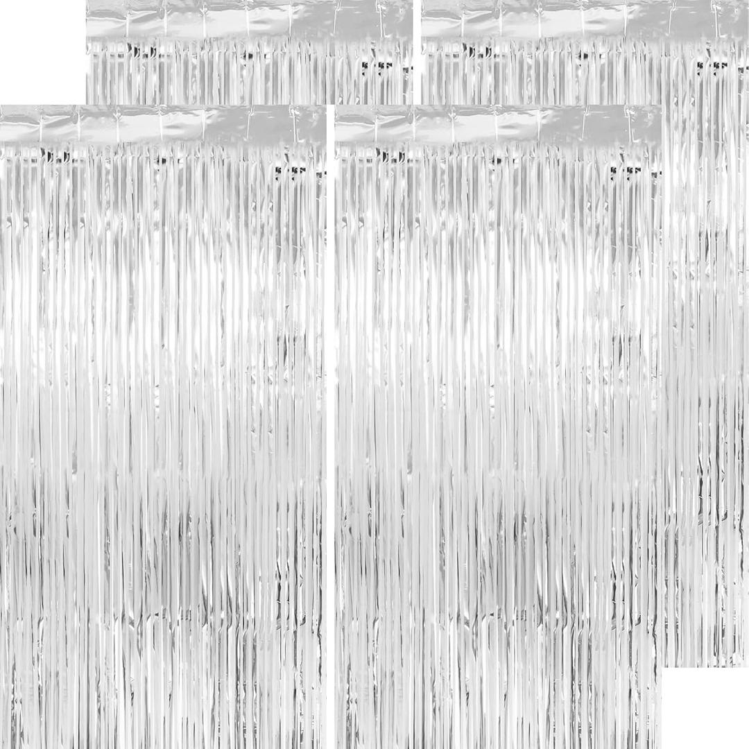 Thicken Silver Streamers 4 Pack 3.2 x 8.2 FT, Silver Tinsel Backdrop Curtains, Foil Fringe Photo Backdrop for Birthday, Bachelorette, Prom, Engagement, Disco Party Decorations