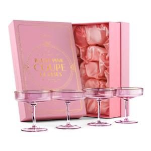 GLASSIQUE CADEAU Vintage Art Deco Blush Pink Coupe Glasses with Gold Rims | Set of 4 | 7 oz Crystal Ribbed Cocktail Glassware for Drinking Champagne, Martini, Cosmopolitan | Girly Speakeasy Saucers