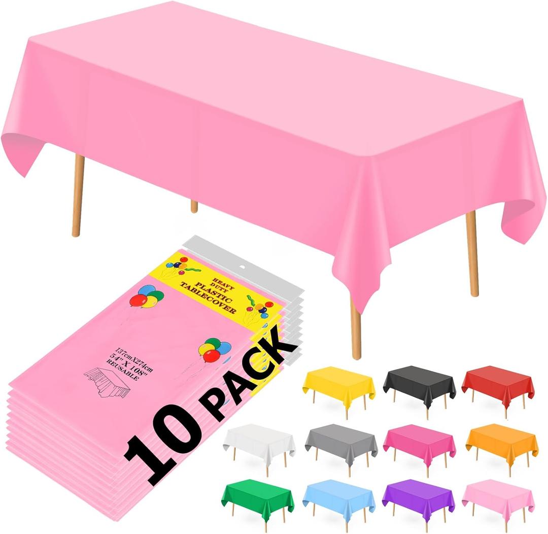 10 Pcs Plastic Tablecloth, 54 * 108 Inch Disposable Tablecloths for Rectangle Tables, Pink Table Cover for Christmas Party, Birthday Party, Wedding Decorations