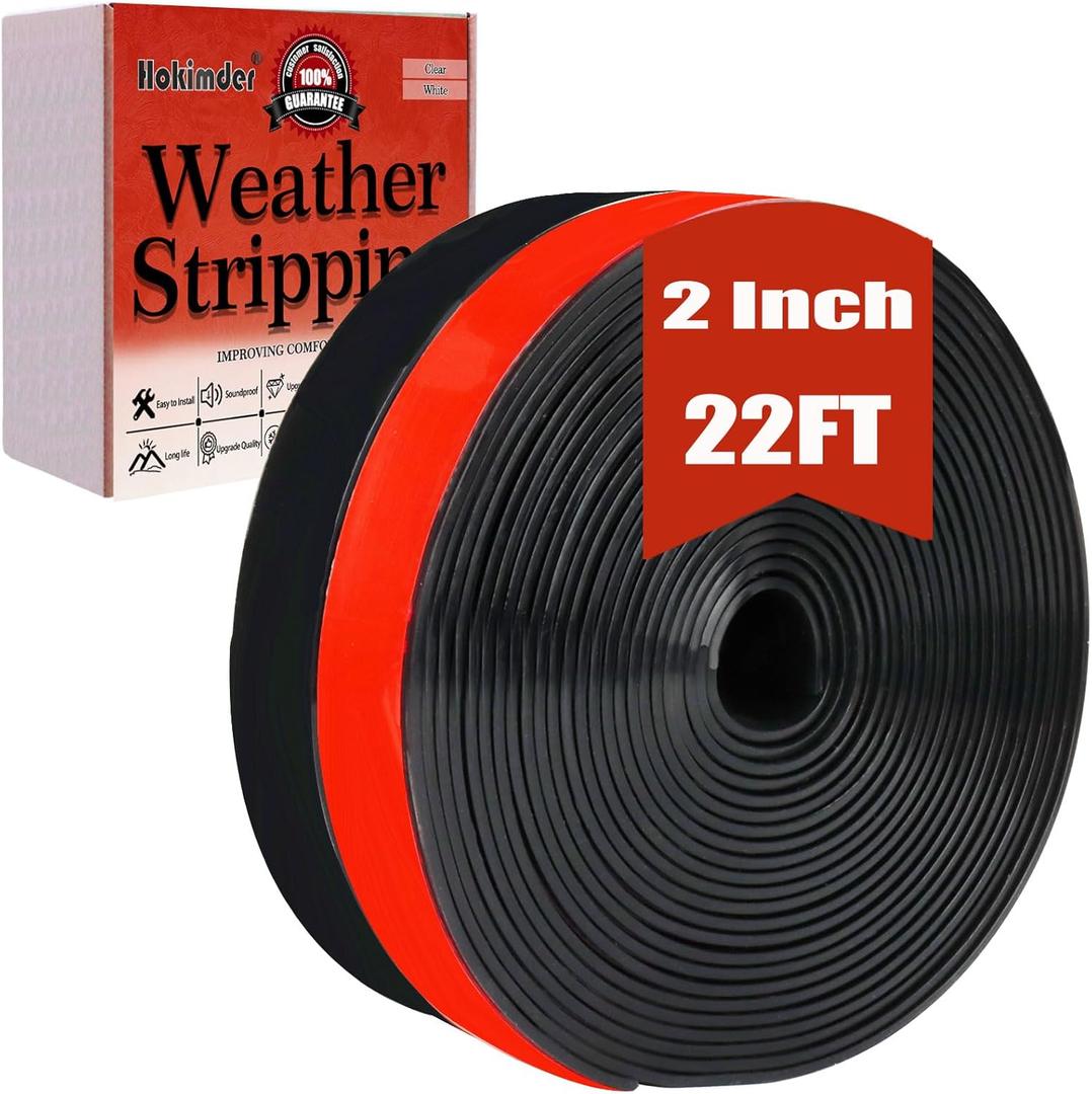 Silicone Weather Stripping - Strong Adhesive Draft Stopper Strip, 2 Inch x 22 FT Black, Fits Door, Shower, Sliding Door & Window