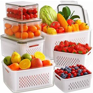 6 x 6 PCS Fruit Storage Containers for Fridge with Removable Colanders, 6 Plastic Food Storage Containers with 6 Lids, Leakproof Produce Containers Keep Fruits, Vegetables, Berry, Meat Fresh Longer