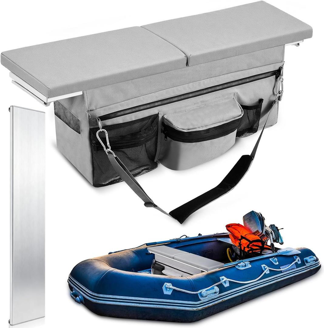 Dansydaisy 2 Pack 35 x 14 Inch Dinghy Boat Seat Cushion and Underseat Storage Bag with Pockets and 33.46 x 7.87 Inch Aluminum Bench Seat, Grey Thick Sponge Bench Cushion, PVC Rails Not Included