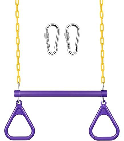LadyRosian 17" Trapeze Bar Swing Set Gym Rings 47" Heavy Duty Chain Swing Set Accessories with Locking Carabiners Plastic Coated Chains Monkey Bars for Backyard, Playroom (Purple)
