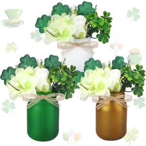Gejoy 3 Pack St. Patrick's Day Table Decor Mason Jar Table Centerpiece with Shamrock Flower Bouquet Spring Tiered Tray Decor Tabletop Display Vase Faux Green Artificial Plants for Irish Party Supply