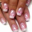 French Tip Press on Nails Medium Acrylic Nails with Flowers Design Square Fake Nails Pink Flower Nails Kit Glossy Artificial Nails Full Cover False Nail Stick on Nails for Women Nail Art Decoration