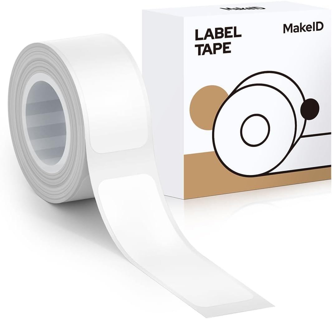MakeID L1 Label Maker Tape Refills, 12 x 35mm (0.47" x 1.38') Die-Cut Sticker Thermal Laminated Waterproof Self-Adhesive Multipurpose Labeling Tape Replacement (12*35mm, White)