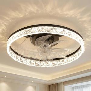 Pre-assembled 18.8" Crystal Flush Mount Ceiling Fan with Lights and Remote, Modern Black Low Profile Fandelier with APP Control, 48W Dimmable LED, 8-Blade Reversible DC Motor for Bedroom, Black