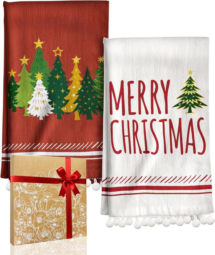 Christmas Kitchen Towels with Tassels - Cotton Christmas Kitchen Towels 16x26 Inch Terry Cloth Decorative Xmas Theme Dish Towel for Holiday Cute Designs with Xmas Tree for Gifting