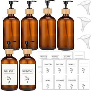 Maxcheck 6 Pack 16 oz Amber Glass Soap Dispenser Bathroom Hand Soap Dispenser with Pump with 16 Pcs Waterproof Labels Funnel Dish Liquid Bottle for Kitchen Bathroom(Wood)