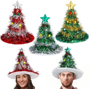 Halloscume 3 Pcs Christmas Tree Hats Santa Hat for Adults Glitter Tinsel Five-pointed Star Santa Hat Holiday Christmas Tree Costume for Xmas Hair Accessories Decoration Funny Party Supplies