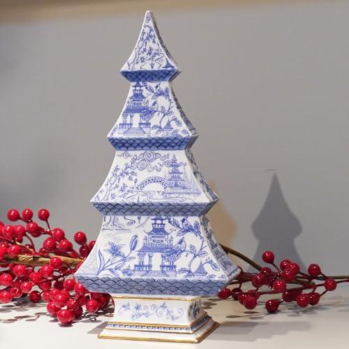Cynkeyee Christmas Tree Christmas Decorations Indoor - Blue and White Xmas Decorations Gift 12" Vintage Tabletop Holiday Figurine, Chinoiserie Xmas Party Table Decor 6x3x12 Inch