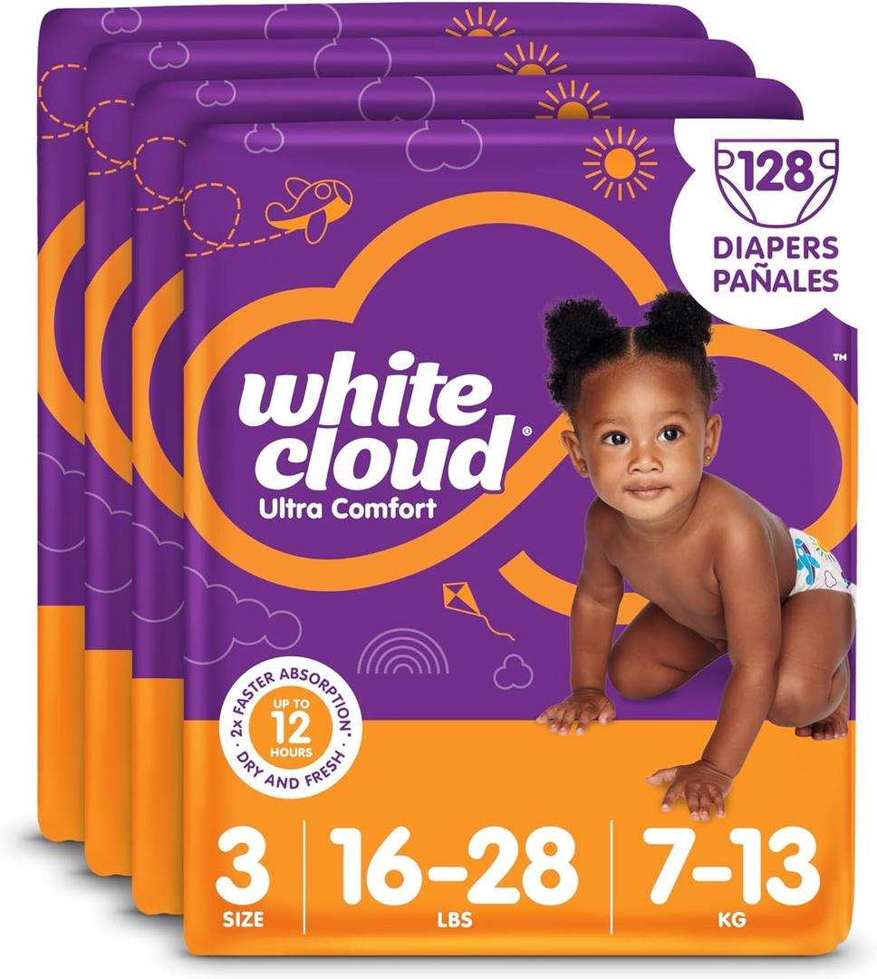 White Cloud Ultra Comfort Diapers, Size 3, 16 28lbs, 4 Packs of 32 = 128 Diapers