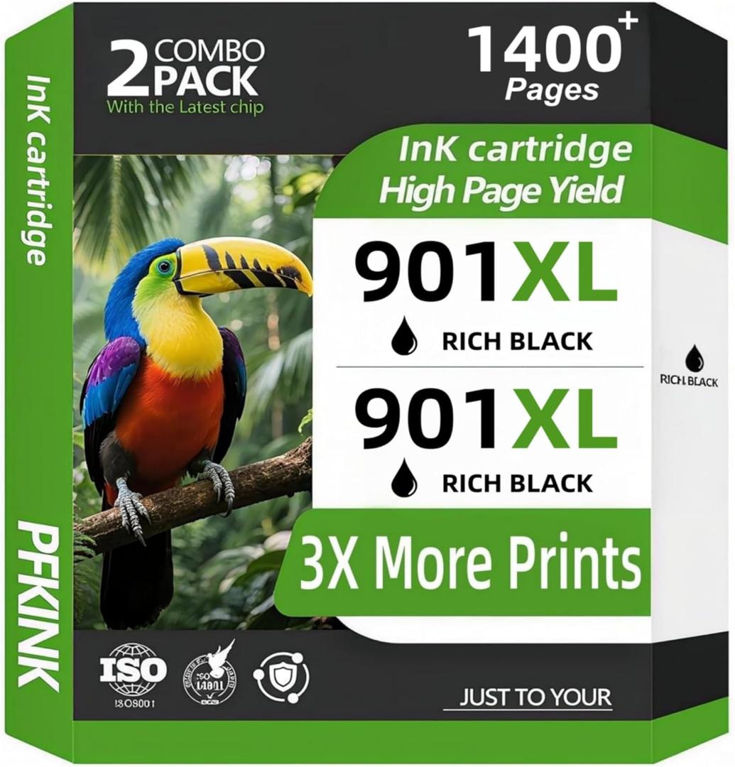 901XL Black Ink Cartridges Remanufactured for HP 901 901XL 901 XL Work for OfficeJet J4550 J4680 J4540 J4524 J4525 J4680c G510a G510b Printer (2 Black)