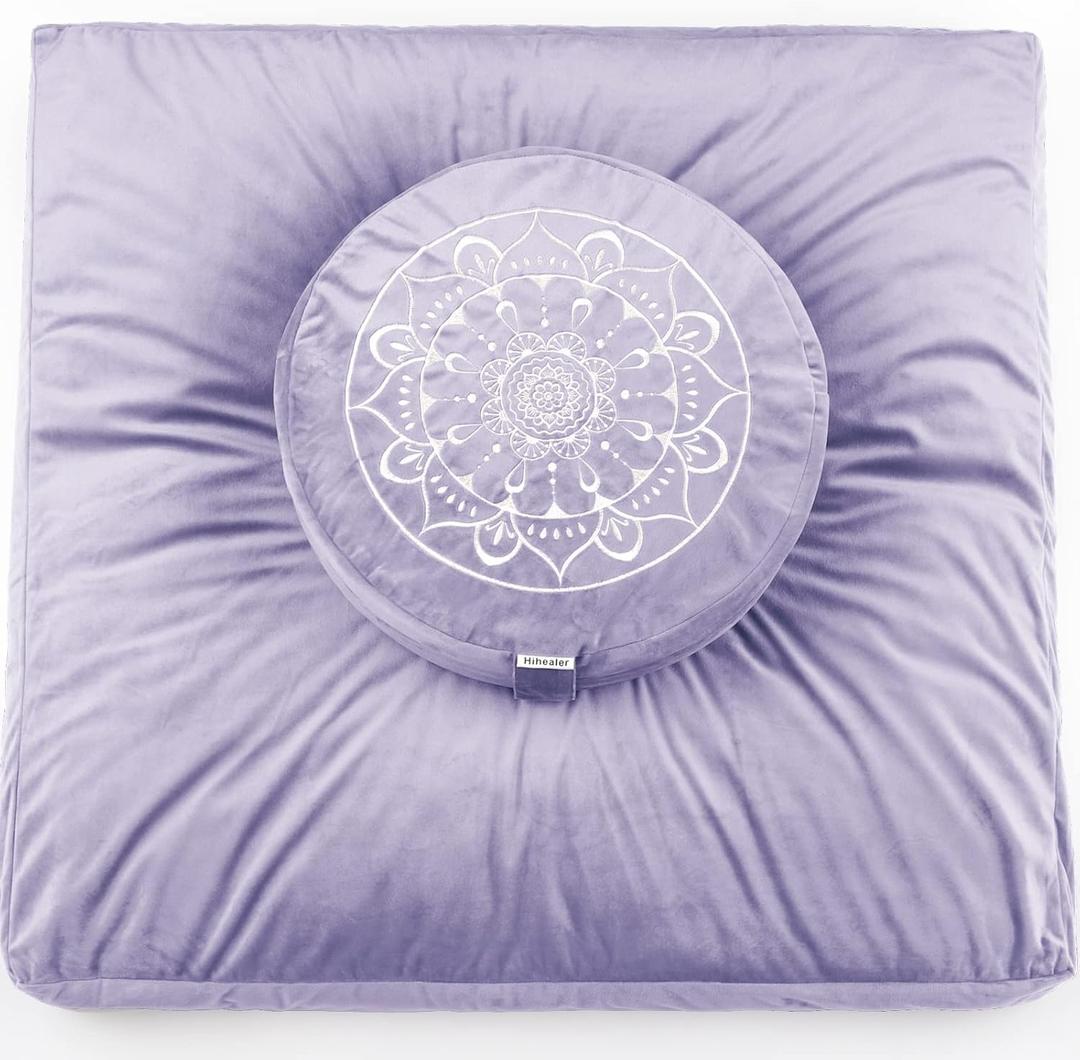 Hihealer Meditation Cushion, Traditional Tibetan Meditation Pillow Velvet Cover - Large Floor Cushion Seating for Adults - Yoga Buckwheat Bolster for WomenMoms (Romantic Purple (set))